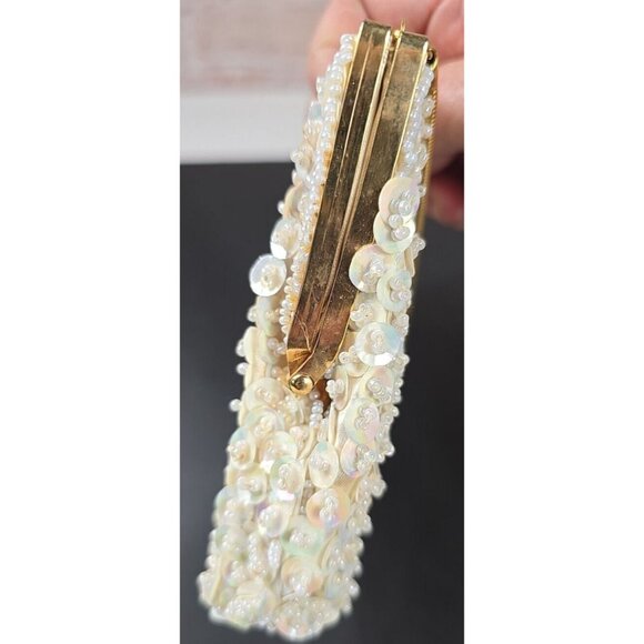 Beaded Clutch Purse Evening Bag Hand Made in Hong Kong MCM Sequin Ivory 7"x4.5" - Picture 9 of 9
